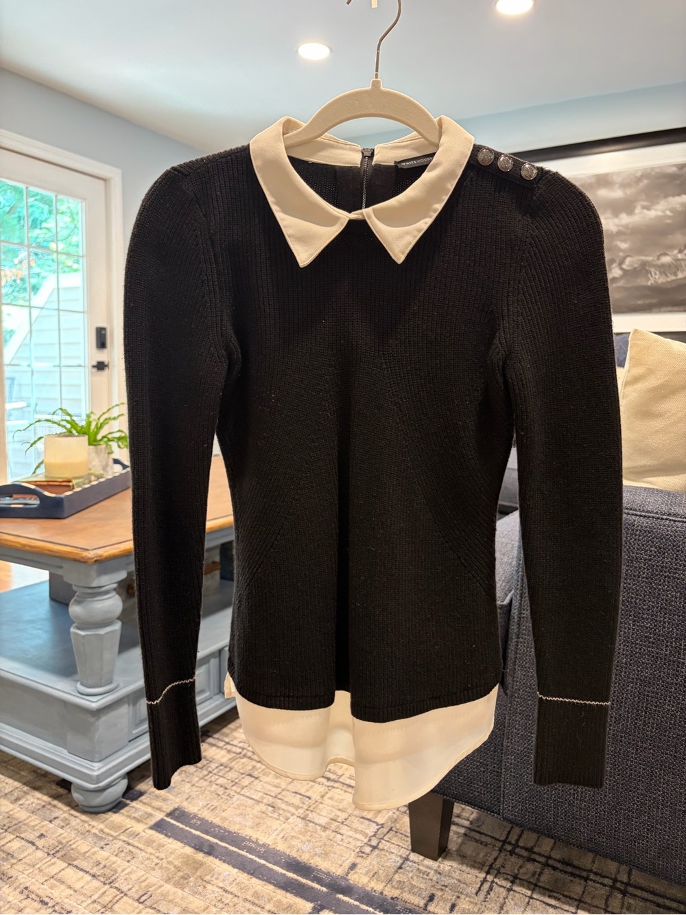 Black Sweater with White Collar and Hem
